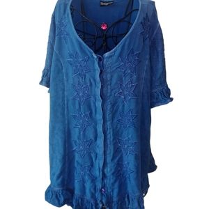 Holy clothing size 4X blue button down short sleeve embroidered tunic blouse